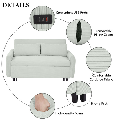 57.48" Pull-out Sofa Bed Convertible Couch 2 Seat Loveseat Sofa Modern Sleeper Sofa with Two Throw Pillows and USB Ports for Living Room, Light Grey-Green(Old Sku:WF317760AAE)