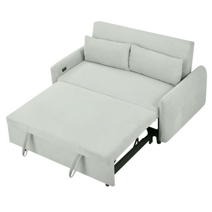 57.48" Pull-out Sofa Bed Convertible Couch 2 Seat Loveseat Sofa Modern Sleeper Sofa with Two Throw Pillows and USB Ports for Living Room, Light Grey-Green(Old Sku:WF317760AAE)