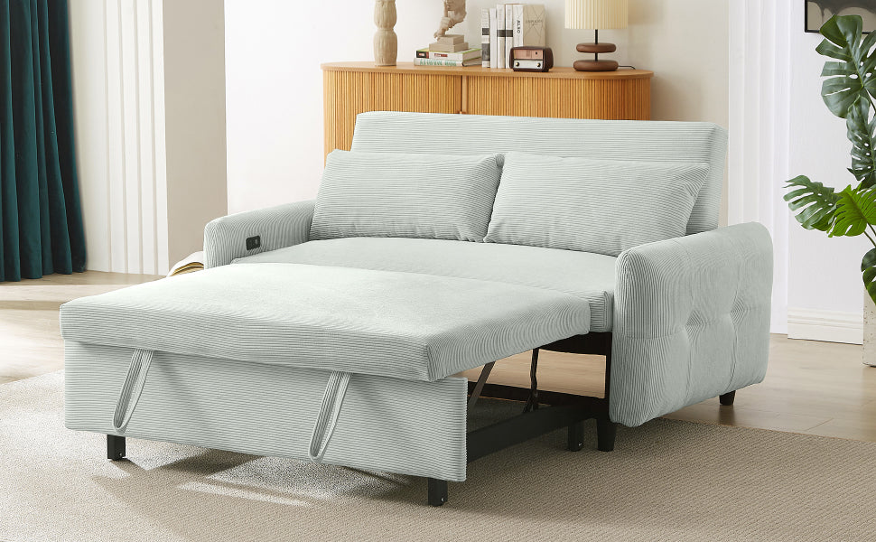 57.48" Pull-out Sofa Bed Convertible Couch 2 Seat Loveseat Sofa Modern Sleeper Sofa with Two Throw Pillows and USB Ports for Living Room, Light Grey-Green(Old Sku:WF317760AAE)