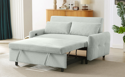 57.48" Pull-out Sofa Bed Convertible Couch 2 Seat Loveseat Sofa Modern Sleeper Sofa with Two Throw Pillows and USB Ports for Living Room, Light Grey-Green(Old Sku:WF317760AAE)