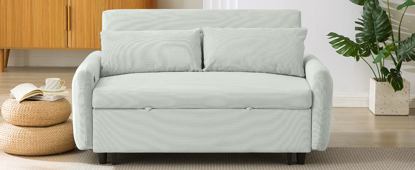 57.48" Pull-out Sofa Bed Convertible Couch 2 Seat Loveseat Sofa Modern Sleeper Sofa with Two Throw Pillows and USB Ports for Living Room, Light Grey-Green(Old Sku:WF317760AAE)