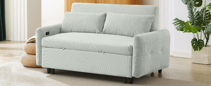 57.48" Pull-out Sofa Bed Convertible Couch 2 Seat Loveseat Sofa Modern Sleeper Sofa with Two Throw Pillows and USB Ports for Living Room, Light Grey-Green(Old Sku:WF317760AAE)