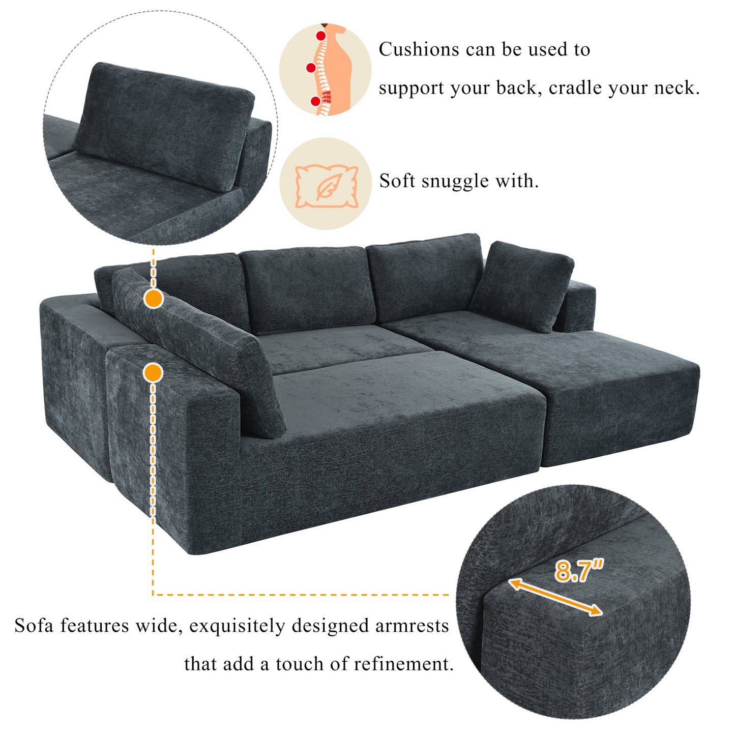 Modern Large Modular Sectional Sofa for Living Room, Bedroom, Salon, 3 Piece Free Combination