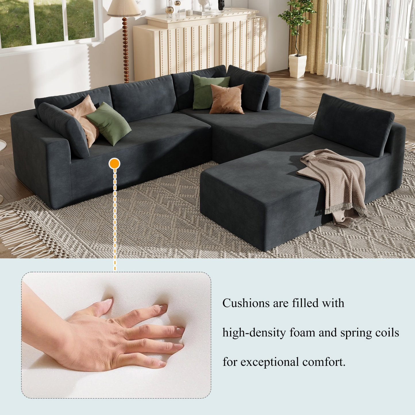 Modern Large Modular Sectional Sofa for Living Room, Bedroom, Salon, 3 Piece Free Combination
