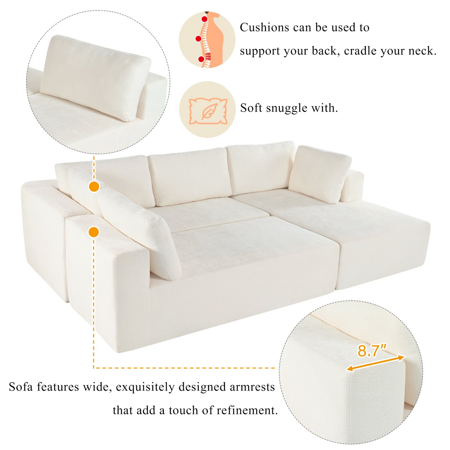 Modern Large Modular Sectional Sofa for Living Room, Bedroom, Salon, 3 Piece Free Combination