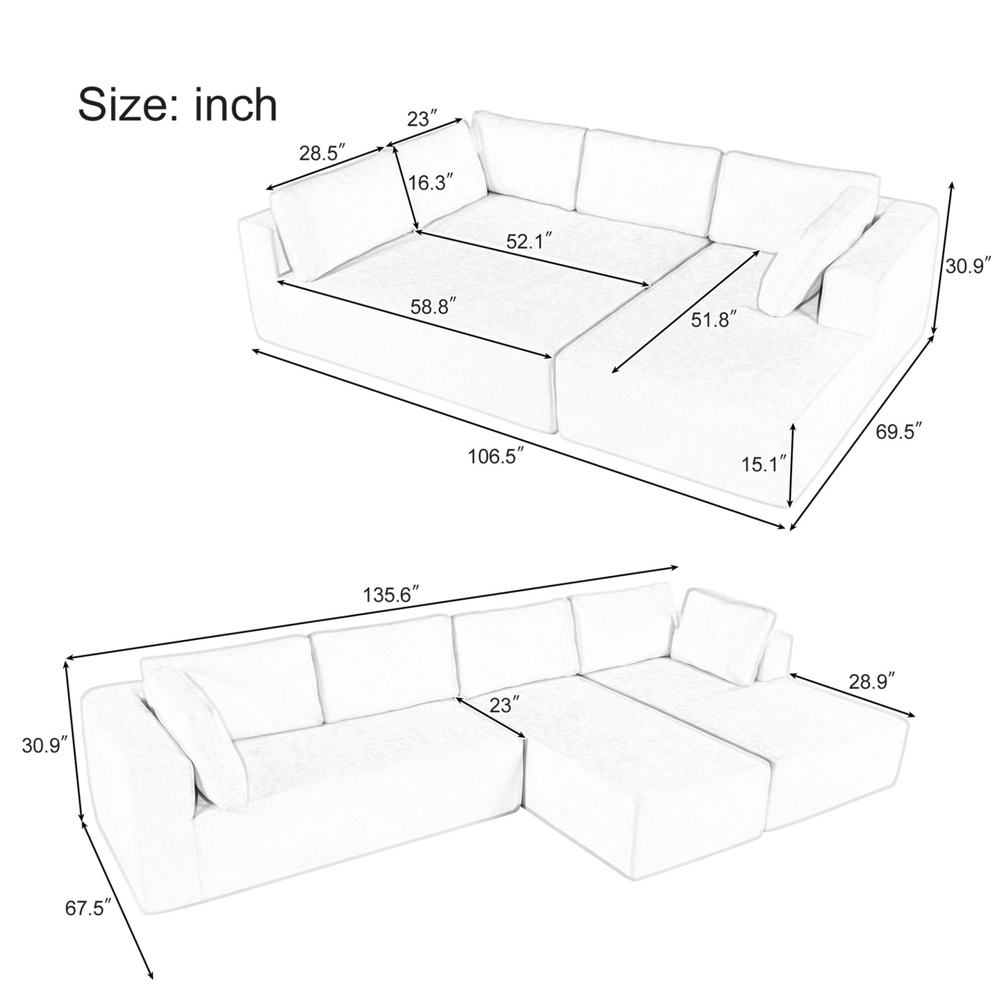 Modern Large Modular Sectional Sofa for Living Room, Bedroom, Salon, 3 Piece Free Combination