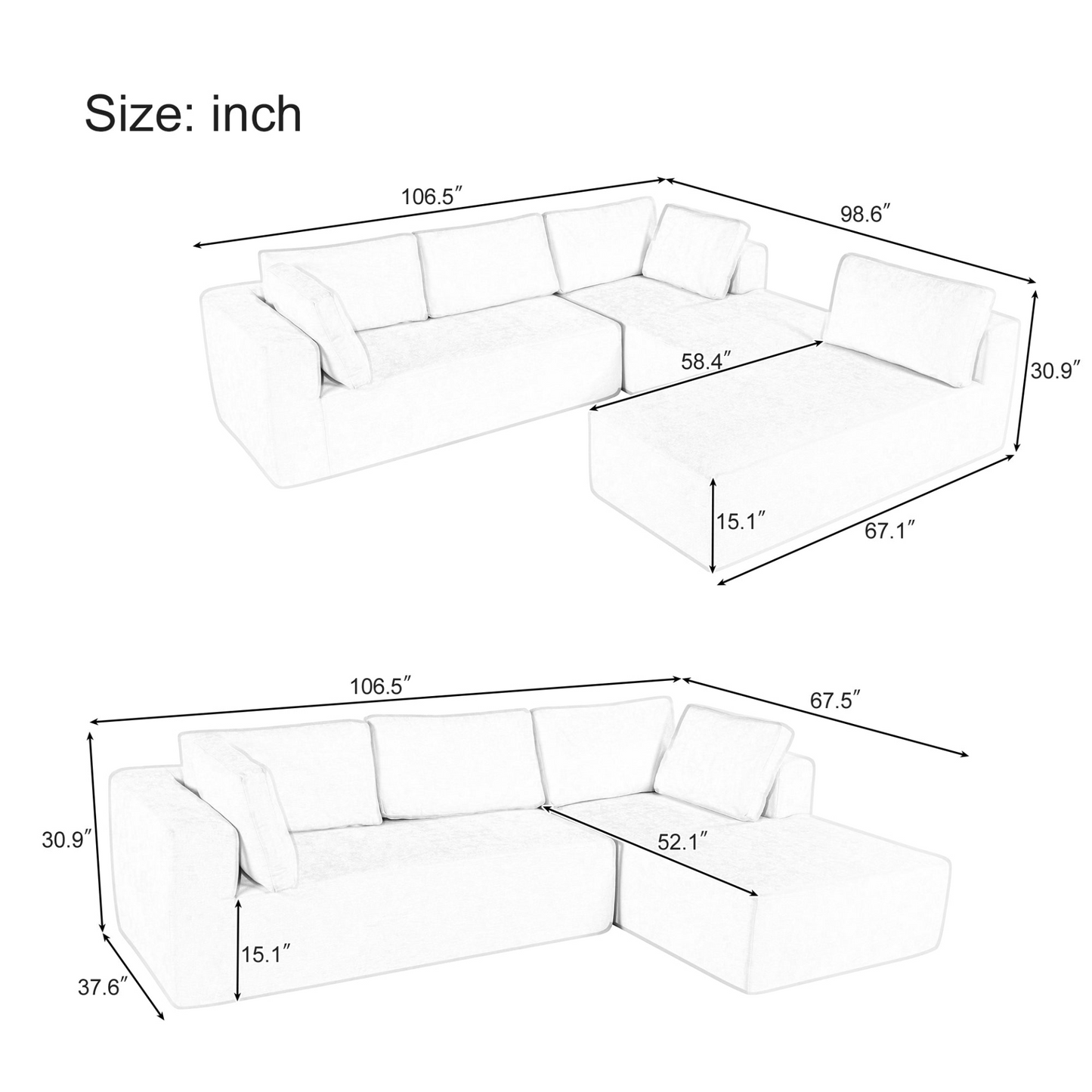Modern Large Modular Sectional Sofa for Living Room, Bedroom, Salon, 3 Piece Free Combination