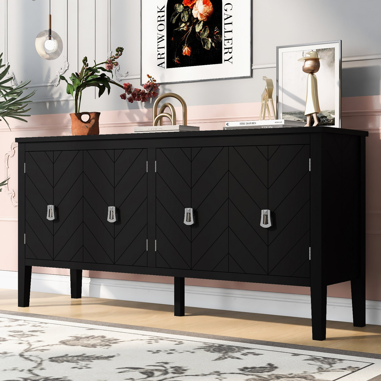 Four-Door Sideboard with Geometric Line Patterns and Vintage Metal Handles for Timeless Elegance,Suitable for Living Rooms, Entrance and Study Rooms