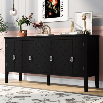 Four-Door Sideboard with Geometric Line Patterns and Vintage Metal Handles for Timeless Elegance,Suitable for Living Rooms, Entrance and Study Rooms