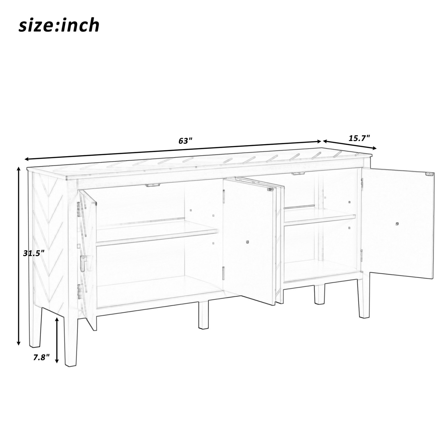 Four-Door Sideboard with Geometric Line Patterns and Vintage Metal Handles for Timeless Elegance,Suitable for Living Rooms, Entrance and Study Rooms