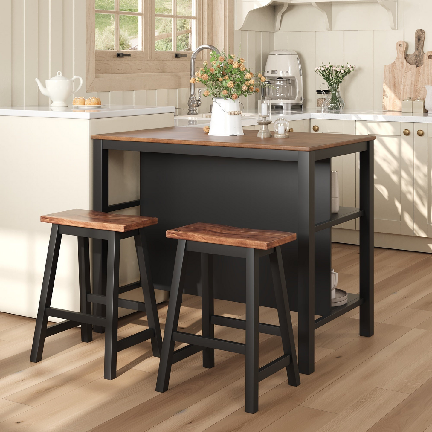 Solid Wood Rustic 3-piece 45" Stationary Kitchen Island Set with 2 Seatings, Rubber Wood Butcher Block Dining Table Set Prep Table Set with 2 Open Shelves for Small Places,Walnut+Black