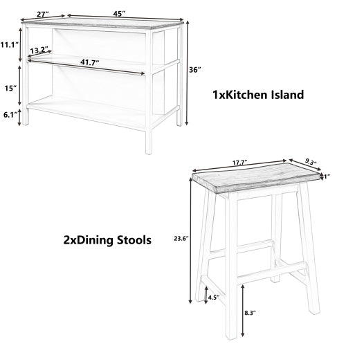 Solid Wood Rustic 3-piece 45" Stationary Kitchen Island Set with 2 Seatings, Rubber Wood Butcher Block Dining Table Set Prep Table Set with 2 Open Shelves for Small Places,Walnut+Black