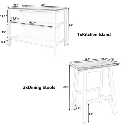 Solid Wood Rustic 3-piece 45" Stationary Kitchen Island Set with 2 Seatings, Rubber Wood Butcher Block Dining Table Set Prep Table Set with 2 Open Shelves for Small Places,Walnut+Black