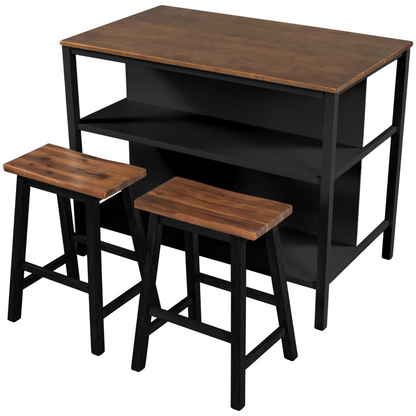 Solid Wood Rustic 3-piece 45" Stationary Kitchen Island Set with 2 Seatings, Rubber Wood Butcher Block Dining Table Set Prep Table Set with 2 Open Shelves for Small Places,Walnut+Black