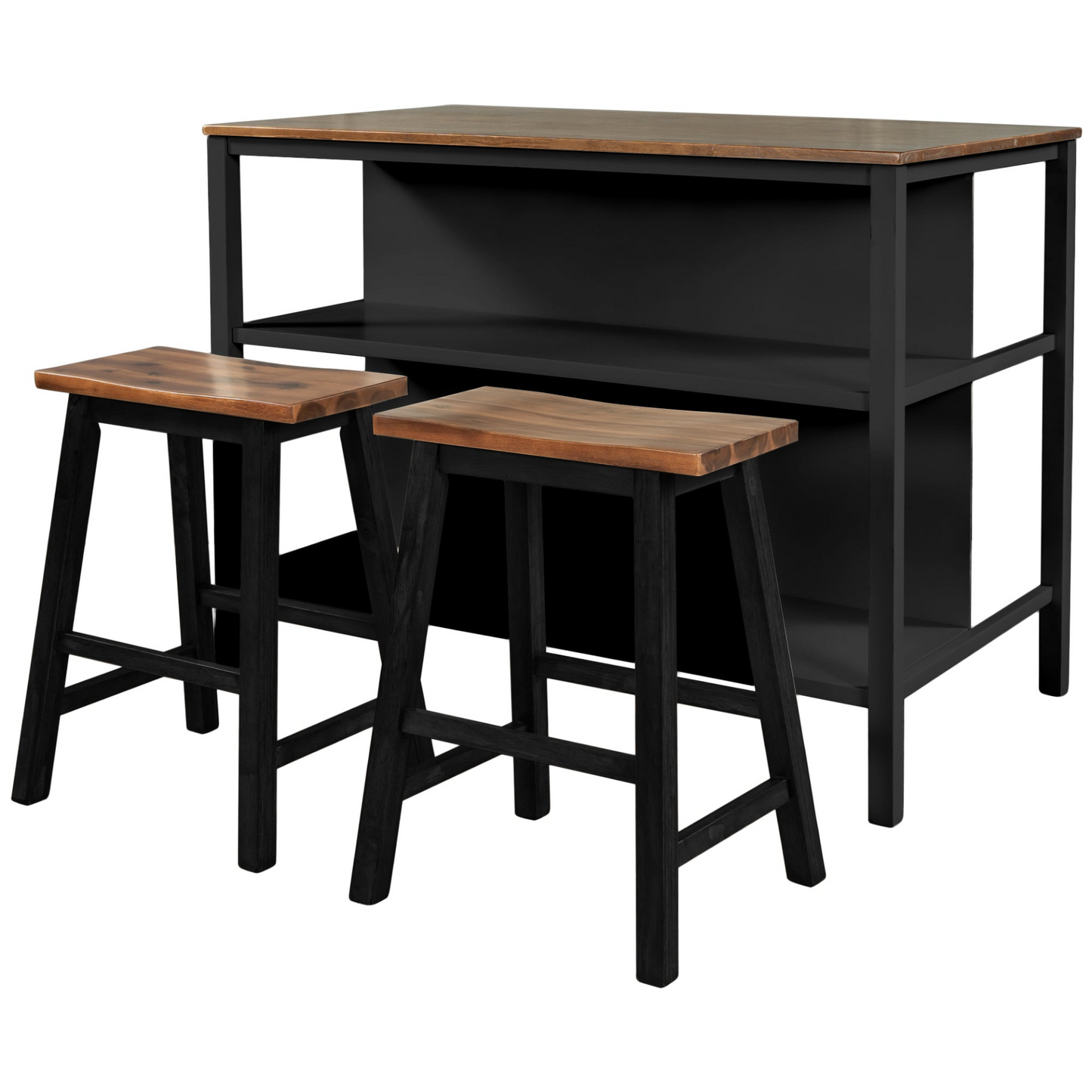 Solid Wood Rustic 3-piece 45" Stationary Kitchen Island Set with 2 Seatings, Rubber Wood Butcher Block Dining Table Set Prep Table Set with 2 Open Shelves for Small Places,Walnut+Black