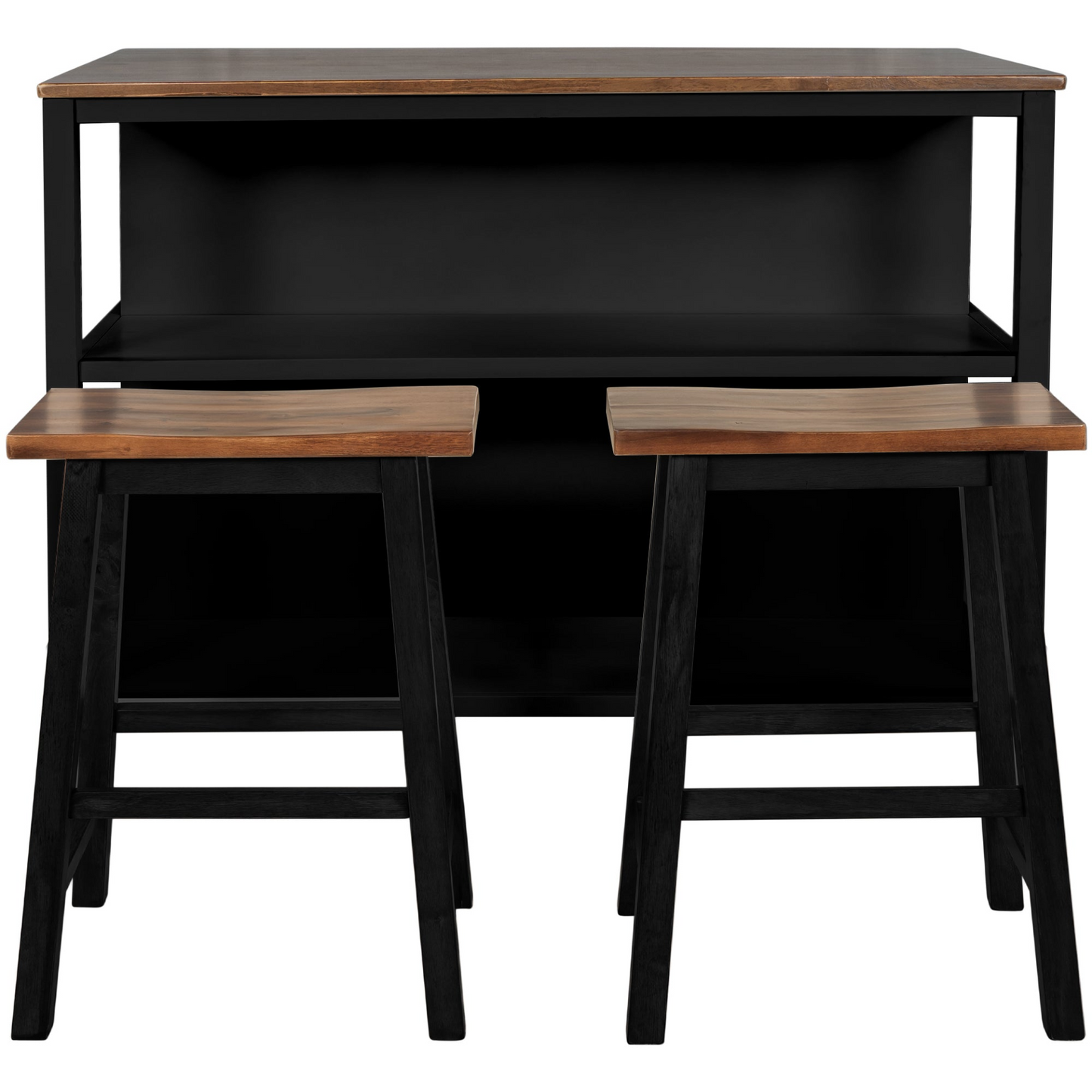 Solid Wood Rustic 3-piece 45" Stationary Kitchen Island Set with 2 Seatings, Rubber Wood Butcher Block Dining Table Set Prep Table Set with 2 Open Shelves for Small Places,Walnut+Black