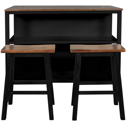 Solid Wood Rustic 3-piece 45" Stationary Kitchen Island Set with 2 Seatings, Rubber Wood Butcher Block Dining Table Set Prep Table Set with 2 Open Shelves for Small Places,Walnut+Black