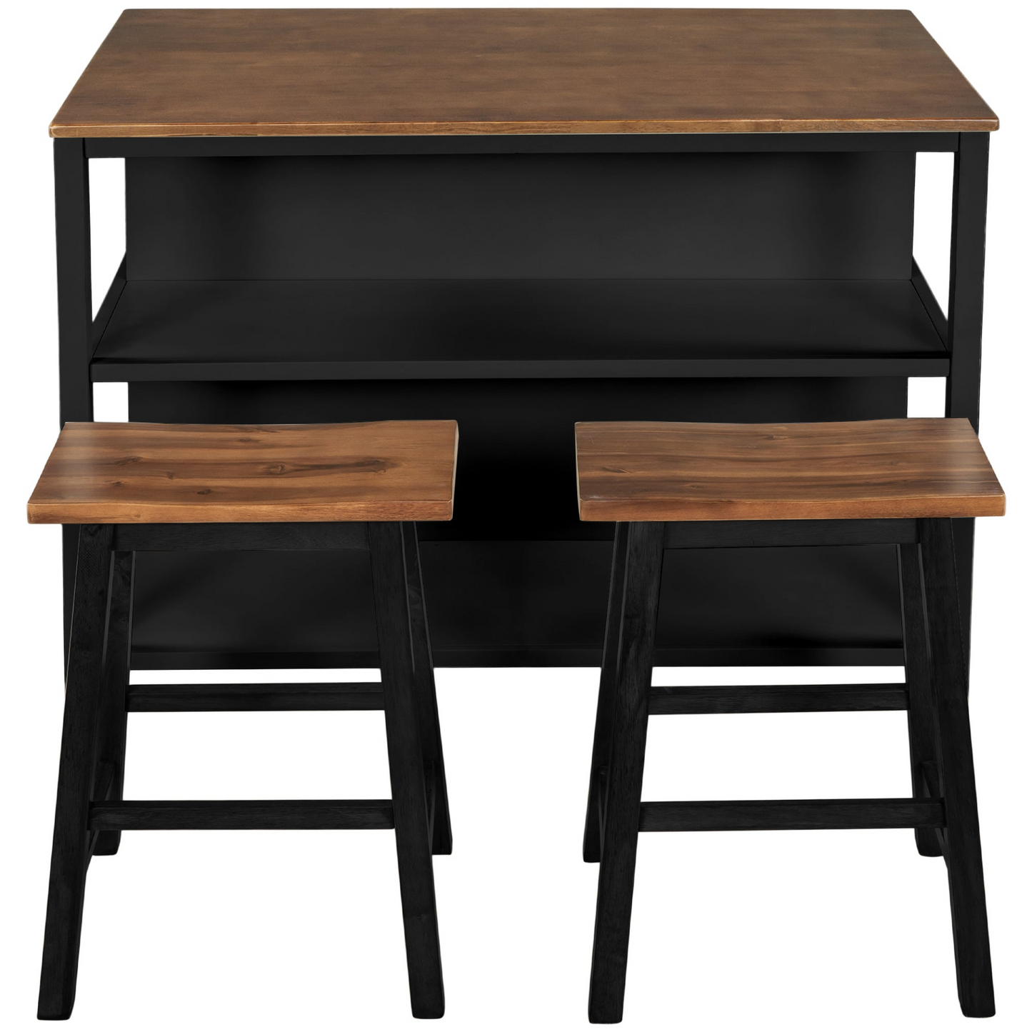 Solid Wood Rustic 3-piece 45" Stationary Kitchen Island Set with 2 Seatings, Rubber Wood Butcher Block Dining Table Set Prep Table Set with 2 Open Shelves for Small Places,Walnut+Black