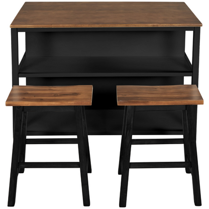 Solid Wood Rustic 3-piece 45" Stationary Kitchen Island Set with 2 Seatings, Rubber Wood Butcher Block Dining Table Set Prep Table Set with 2 Open Shelves for Small Places,Walnut+Black