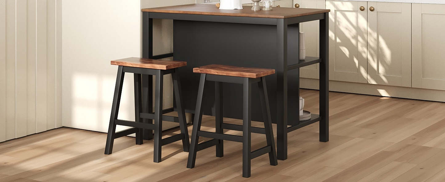 Solid Wood Rustic 3-piece 45" Stationary Kitchen Island Set with 2 Seatings, Rubber Wood Butcher Block Dining Table Set Prep Table Set with 2 Open Shelves for Small Places,Walnut+Black