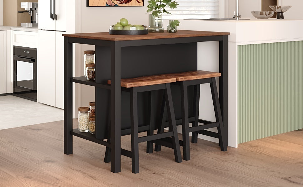 Solid Wood Rustic 3-piece 45" Stationary Kitchen Island Set with 2 Seatings, Rubber Wood Butcher Block Dining Table Set Prep Table Set with 2 Open Shelves for Small Places,Walnut+Black