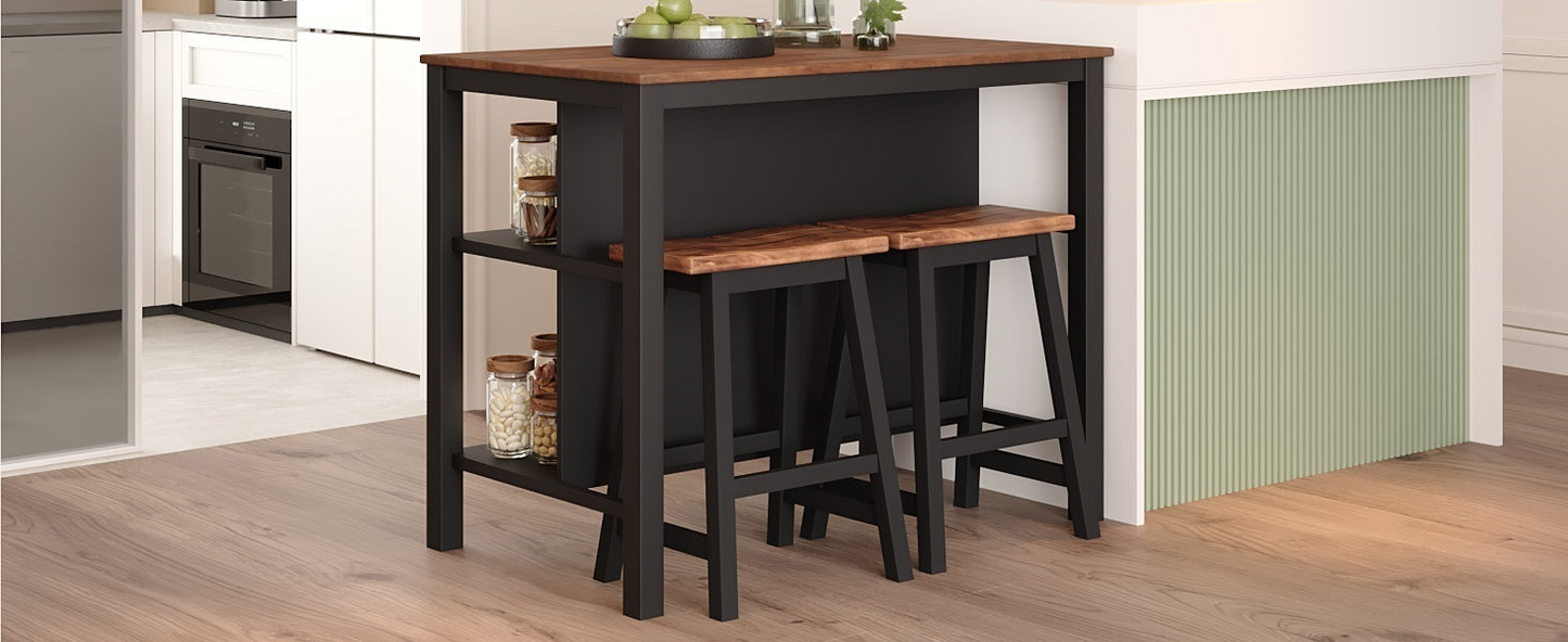 Solid Wood Rustic 3-piece 45" Stationary Kitchen Island Set with 2 Seatings, Rubber Wood Butcher Block Dining Table Set Prep Table Set with 2 Open Shelves for Small Places,Walnut+Black