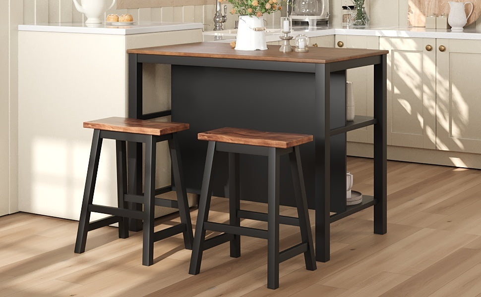 Solid Wood Rustic 3-piece 45" Stationary Kitchen Island Set with 2 Seatings, Rubber Wood Butcher Block Dining Table Set Prep Table Set with 2 Open Shelves for Small Places,Walnut+Black