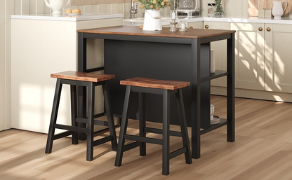 Solid Wood Rustic 3-piece 45" Stationary Kitchen Island Set with 2 Seatings, Rubber Wood Butcher Block Dining Table Set Prep Table Set with 2 Open Shelves for Small Places,Walnut+Black
