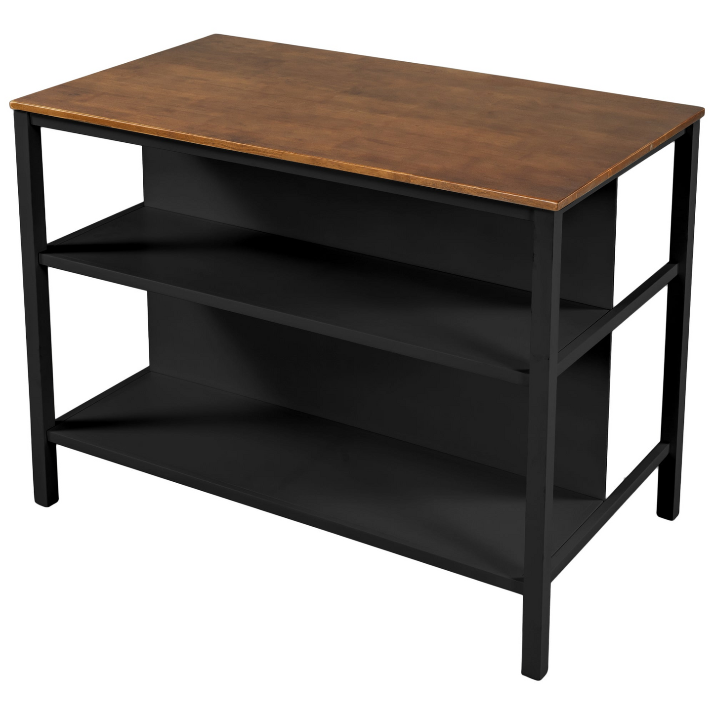 Solid Wood Rustic 45" Stationary Kitchen Island, Rubber Wood Butcher Block Dining Table Prep Table with 2 Open Shelves for Small Places,Walnut+Black