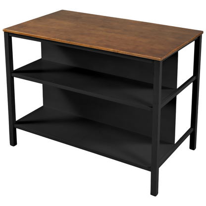 Solid Wood Rustic 45" Stationary Kitchen Island, Rubber Wood Butcher Block Dining Table Prep Table with 2 Open Shelves for Small Places,Walnut+Black