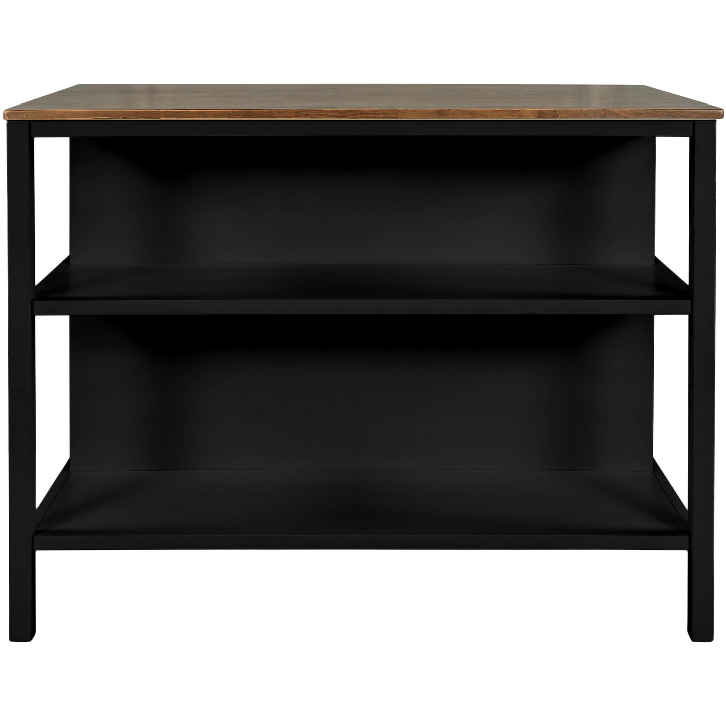 Solid Wood Rustic 45" Stationary Kitchen Island, Rubber Wood Butcher Block Dining Table Prep Table with 2 Open Shelves for Small Places,Walnut+Black