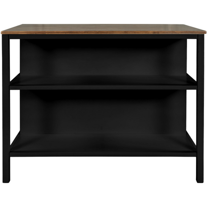 Solid Wood Rustic 45" Stationary Kitchen Island, Rubber Wood Butcher Block Dining Table Prep Table with 2 Open Shelves for Small Places,Walnut+Black