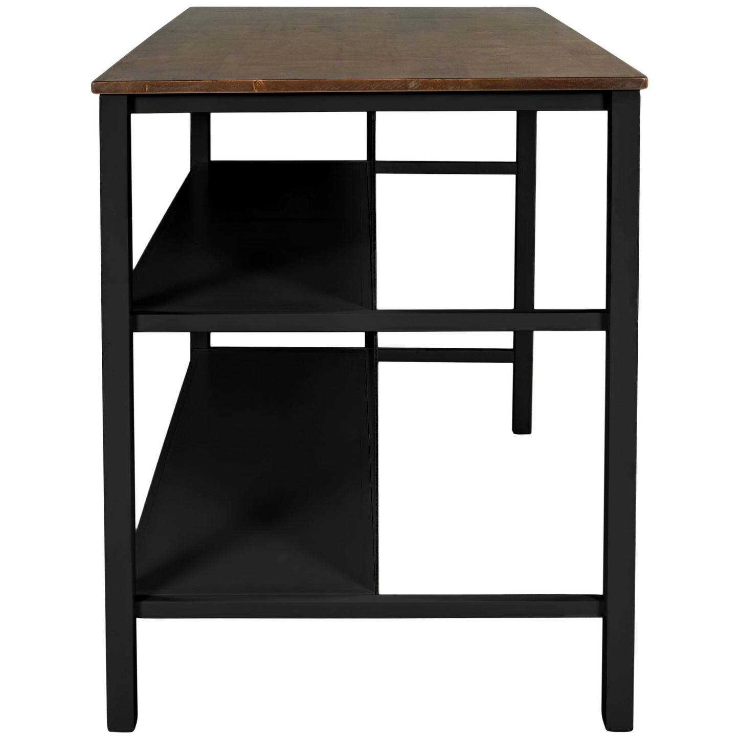 Solid Wood Rustic 45" Stationary Kitchen Island, Rubber Wood Butcher Block Dining Table Prep Table with 2 Open Shelves for Small Places,Walnut+Black