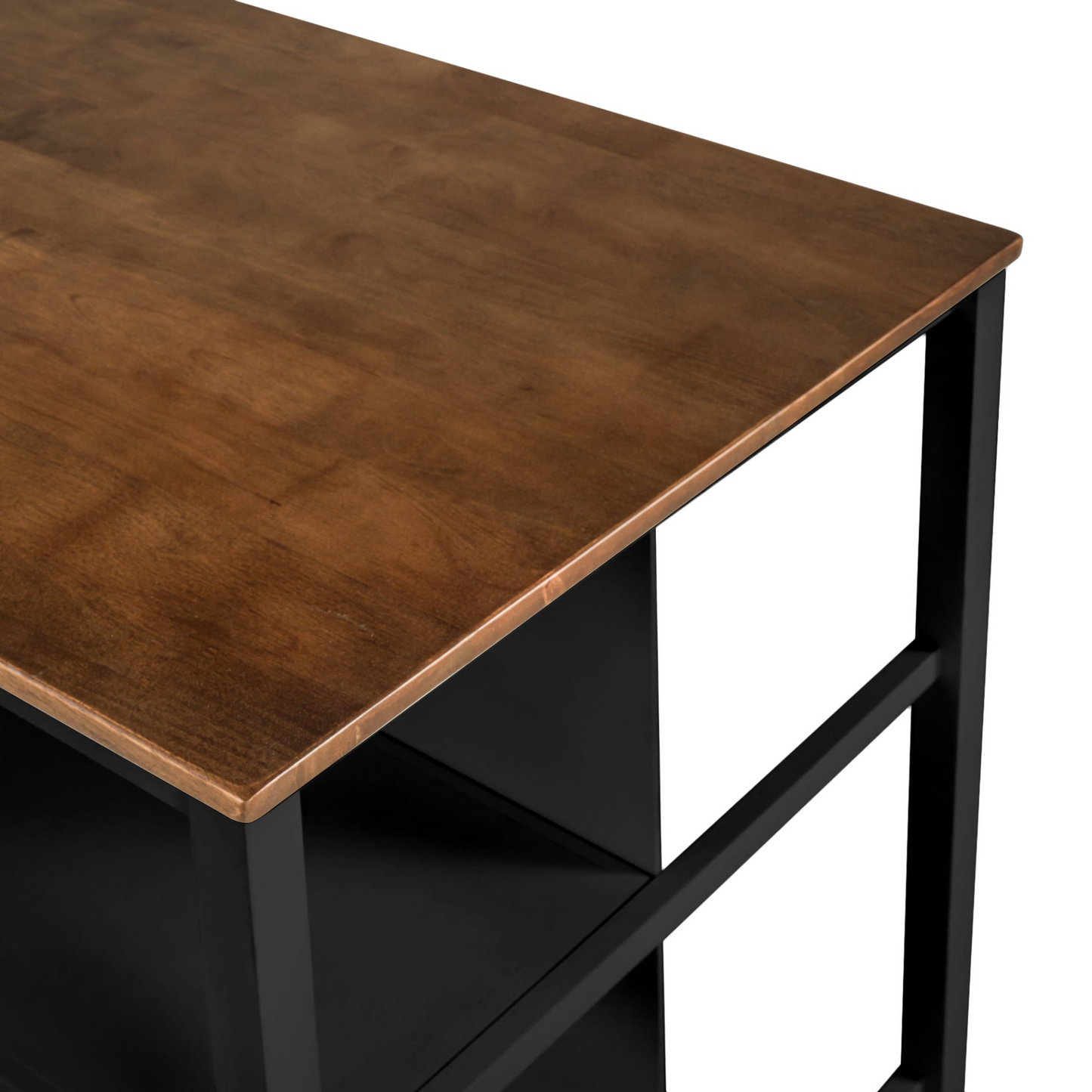 Solid Wood Rustic 45" Stationary Kitchen Island, Rubber Wood Butcher Block Dining Table Prep Table with 2 Open Shelves for Small Places,Walnut+Black