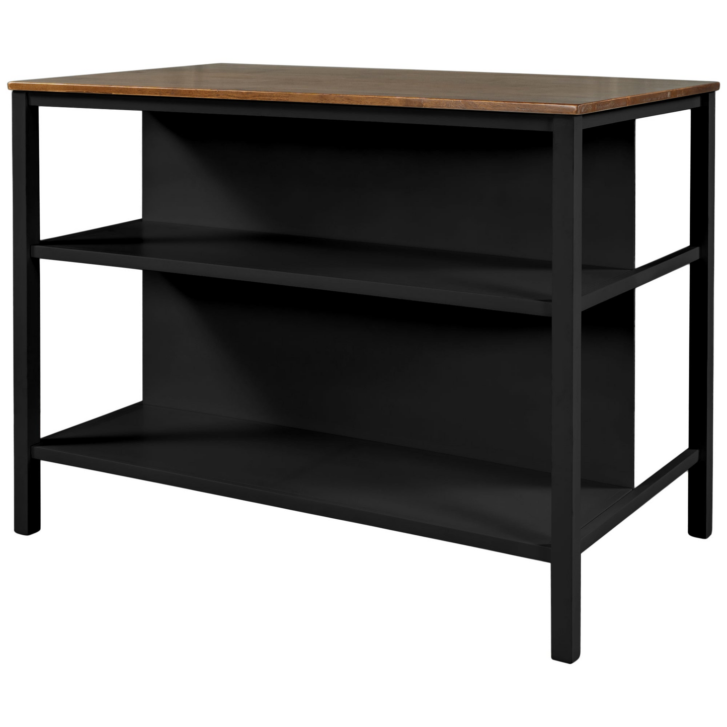 Solid Wood Rustic 45" Stationary Kitchen Island, Rubber Wood Butcher Block Dining Table Prep Table with 2 Open Shelves for Small Places,Walnut+Black