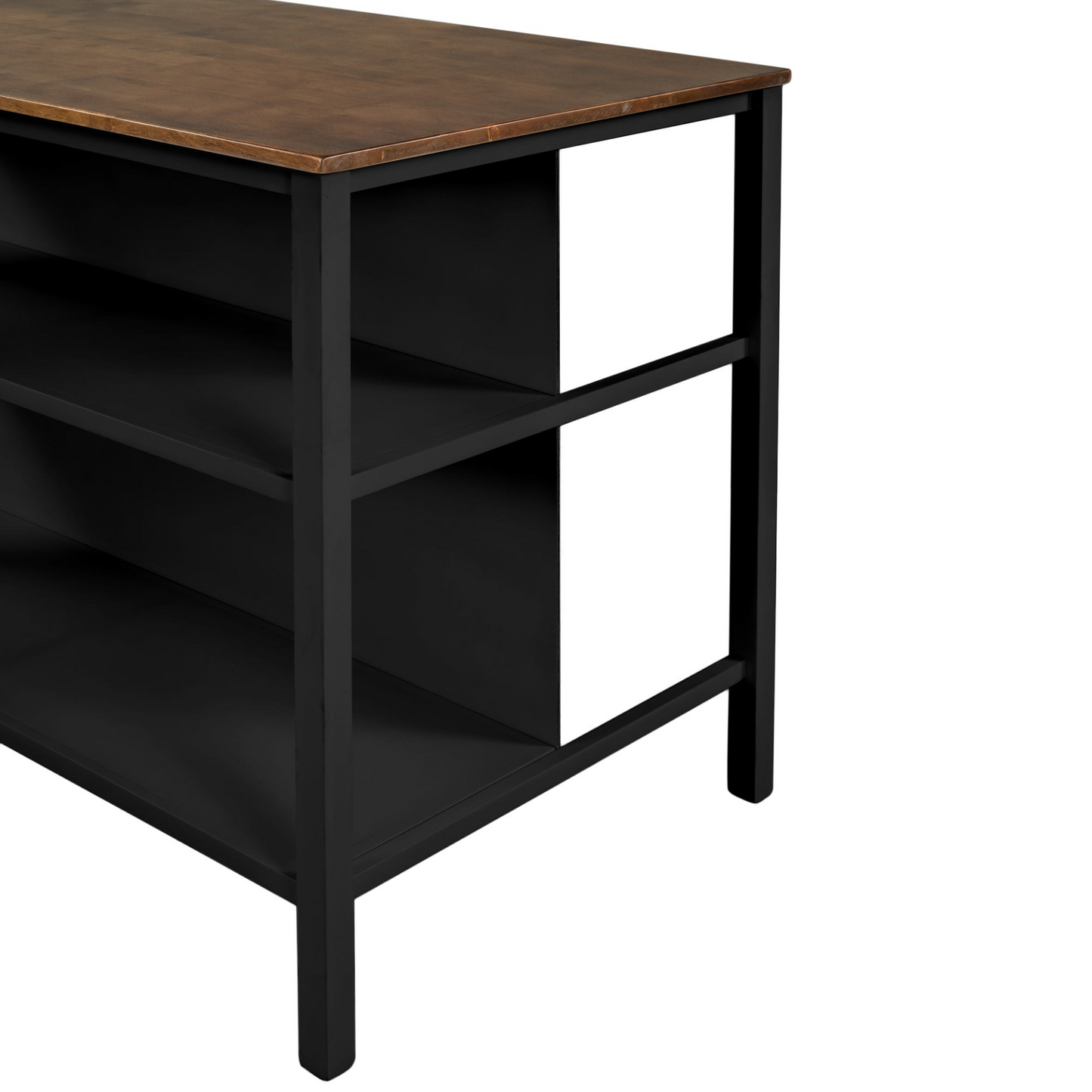 Solid Wood Rustic 45" Stationary Kitchen Island, Rubber Wood Butcher Block Dining Table Prep Table with 2 Open Shelves for Small Places,Walnut+Black