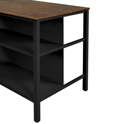 Solid Wood Rustic 45" Stationary Kitchen Island, Rubber Wood Butcher Block Dining Table Prep Table with 2 Open Shelves for Small Places,Walnut+Black
