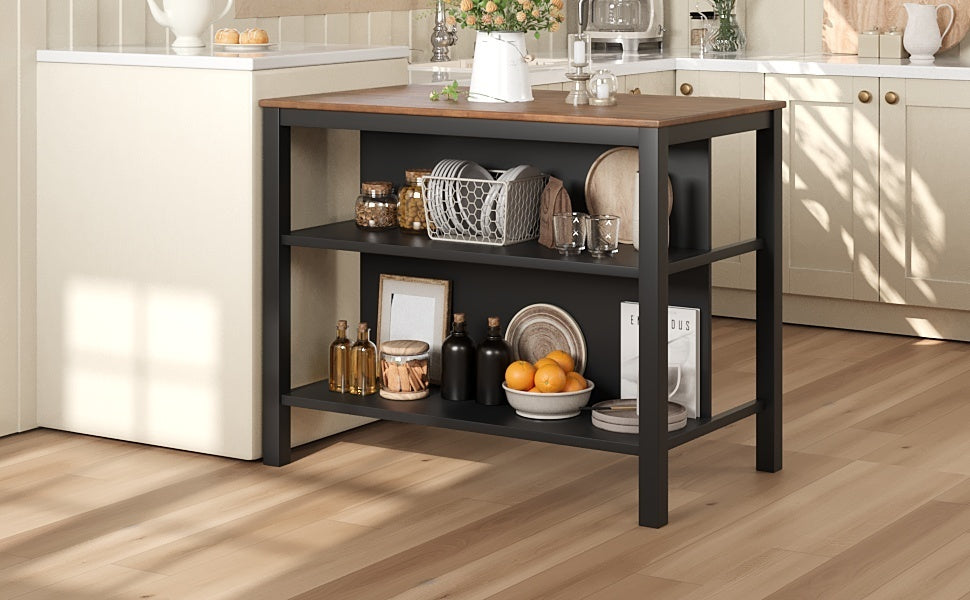 Solid Wood Rustic 45" Stationary Kitchen Island, Rubber Wood Butcher Block Dining Table Prep Table with 2 Open Shelves for Small Places,Walnut+Black
