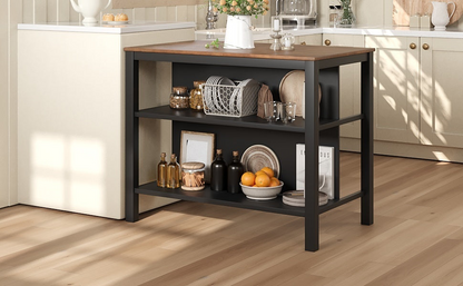 Solid Wood Rustic 45" Stationary Kitchen Island, Rubber Wood Butcher Block Dining Table Prep Table with 2 Open Shelves for Small Places,Walnut+Black