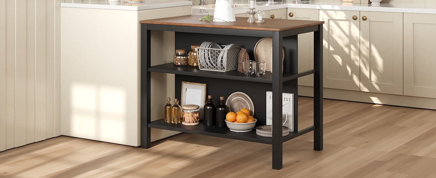 Solid Wood Rustic 45" Stationary Kitchen Island, Rubber Wood Butcher Block Dining Table Prep Table with 2 Open Shelves for Small Places,Walnut+Black
