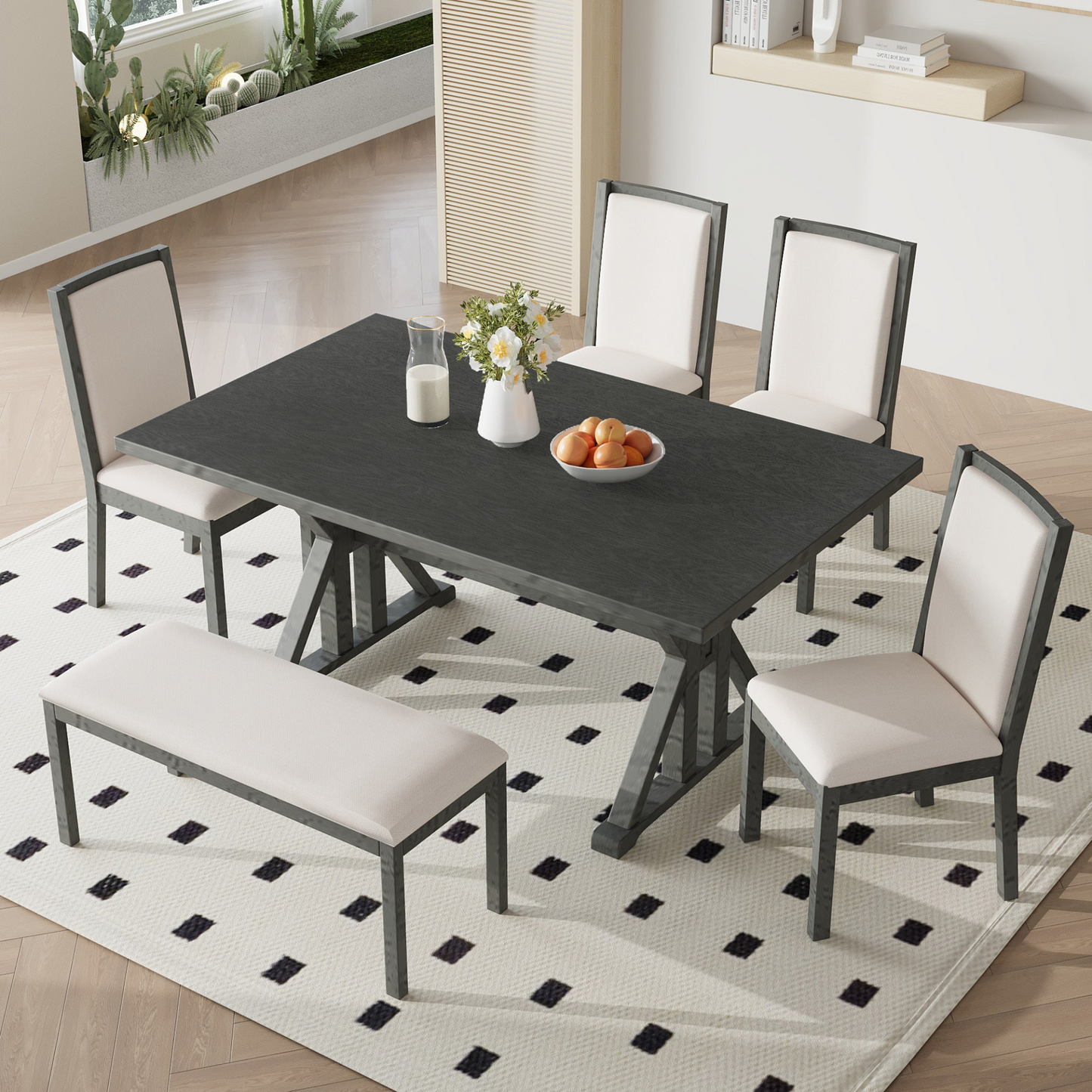 Farmhouse Classical 6-Piece Dining Table Set with Trestle Legs,Kitchen Table Set for 6 with 4 Upholstered Dining Chairs and Bench, Grey