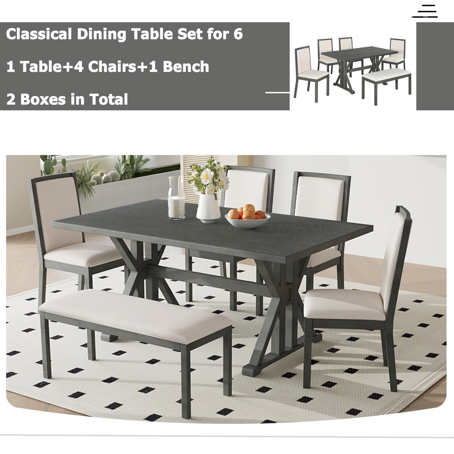 Farmhouse Classical 6-Piece Dining Table Set with Trestle Legs,Kitchen Table Set for 6 with 4 Upholstered Dining Chairs and Bench, Grey