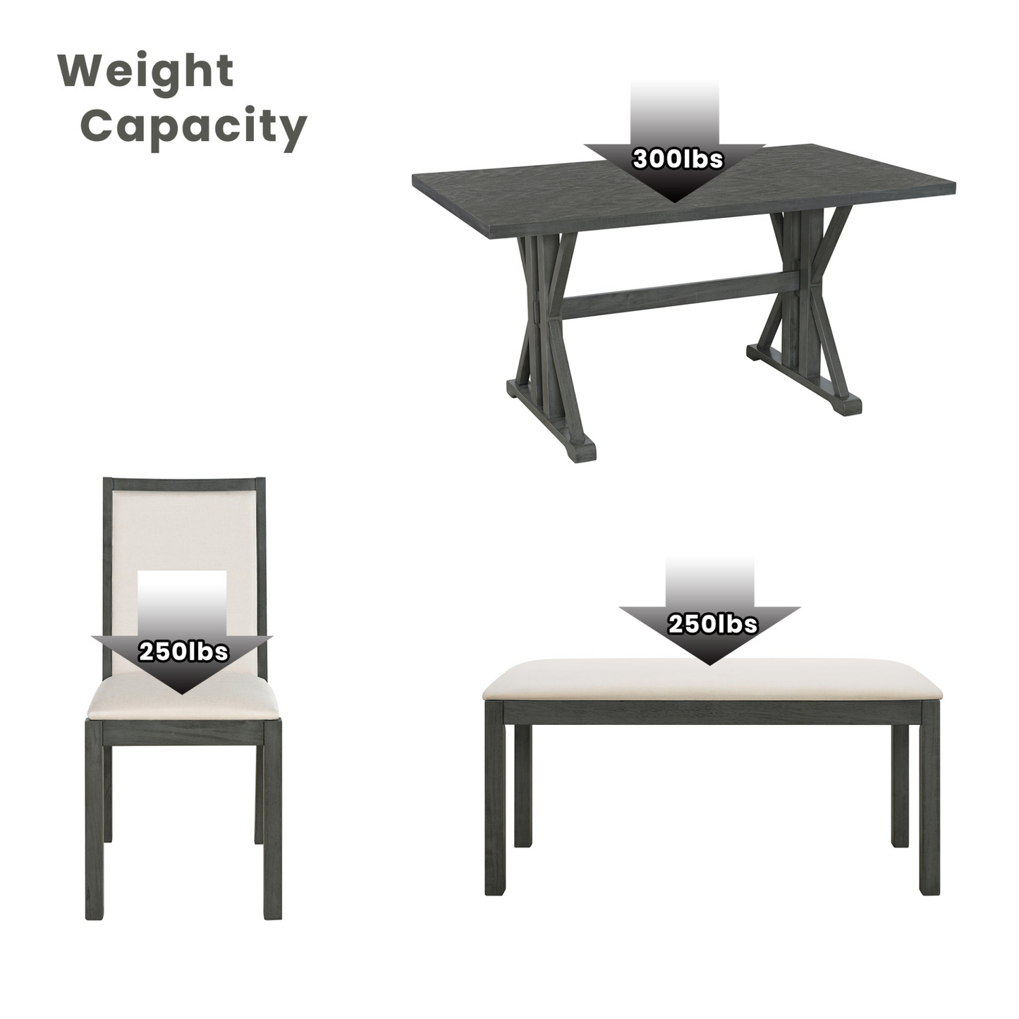 Farmhouse Classical 6-Piece Dining Table Set with Trestle Legs,Kitchen Table Set for 6 with 4 Upholstered Dining Chairs and Bench, Grey