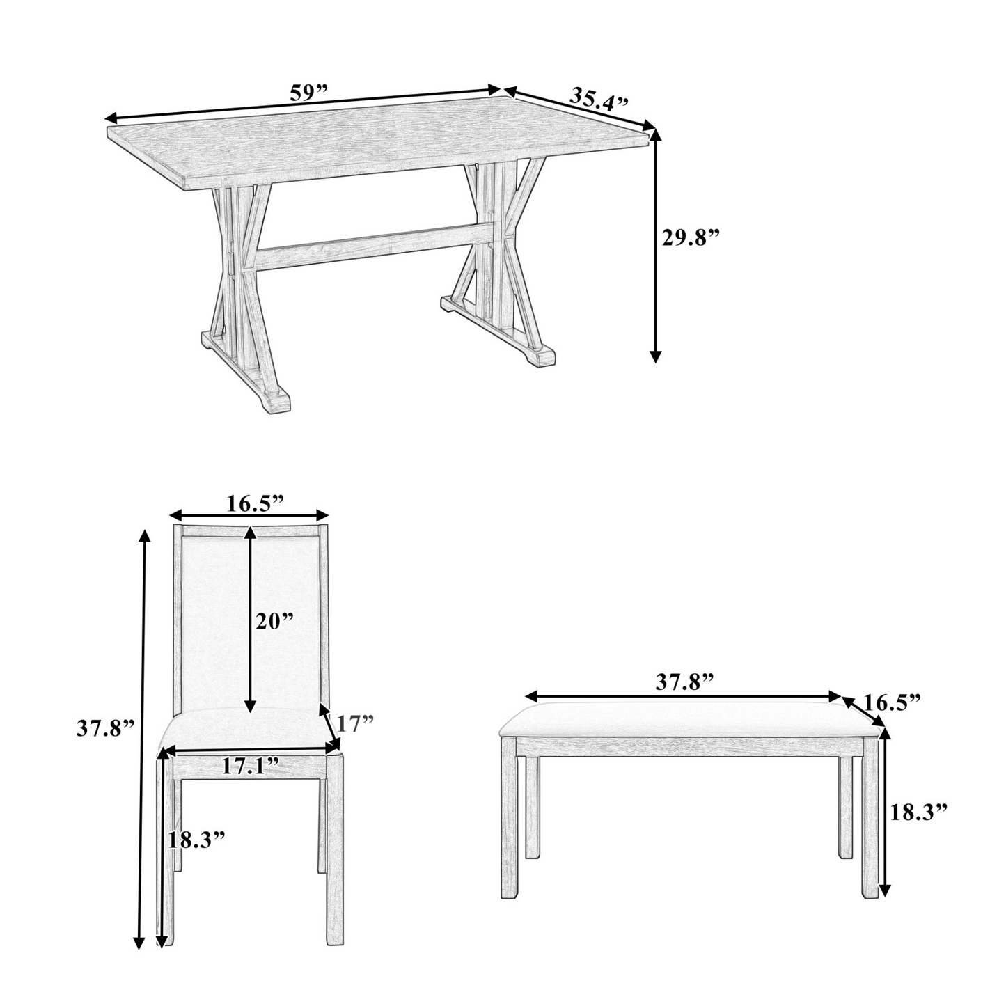 Farmhouse Classical 6-Piece Dining Table Set with Trestle Legs,Kitchen Table Set for 6 with 4 Upholstered Dining Chairs and Bench, Grey