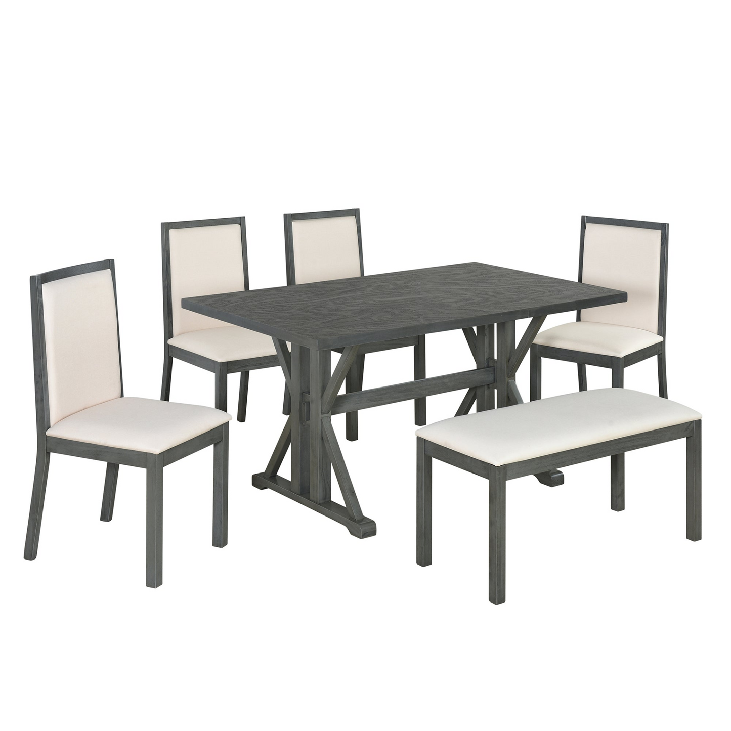 Farmhouse Classical 6-Piece Dining Table Set with Trestle Legs,Kitchen Table Set for 6 with 4 Upholstered Dining Chairs and Bench, Grey