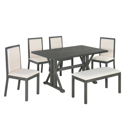 Farmhouse Classical 6-Piece Dining Table Set with Trestle Legs,Kitchen Table Set for 6 with 4 Upholstered Dining Chairs and Bench, Grey