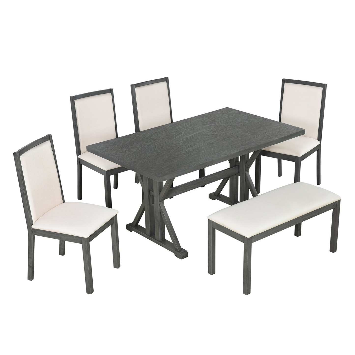 Farmhouse Classical 6-Piece Dining Table Set with Trestle Legs,Kitchen Table Set for 6 with 4 Upholstered Dining Chairs and Bench, Grey