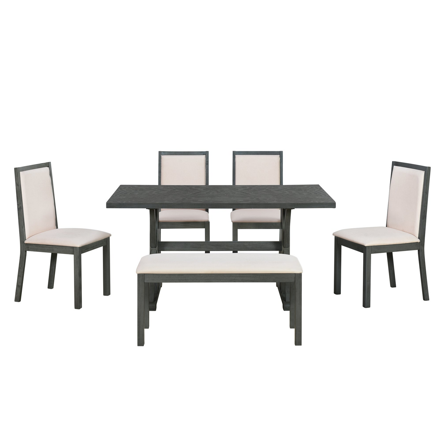 Farmhouse Classical 6-Piece Dining Table Set with Trestle Legs,Kitchen Table Set for 6 with 4 Upholstered Dining Chairs and Bench, Grey