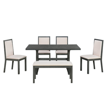 Farmhouse Classical 6-Piece Dining Table Set with Trestle Legs,Kitchen Table Set for 6 with 4 Upholstered Dining Chairs and Bench, Grey