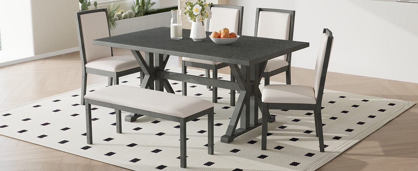 Farmhouse Classical 6-Piece Dining Table Set with Trestle Legs,Kitchen Table Set for 6 with 4 Upholstered Dining Chairs and Bench, Grey